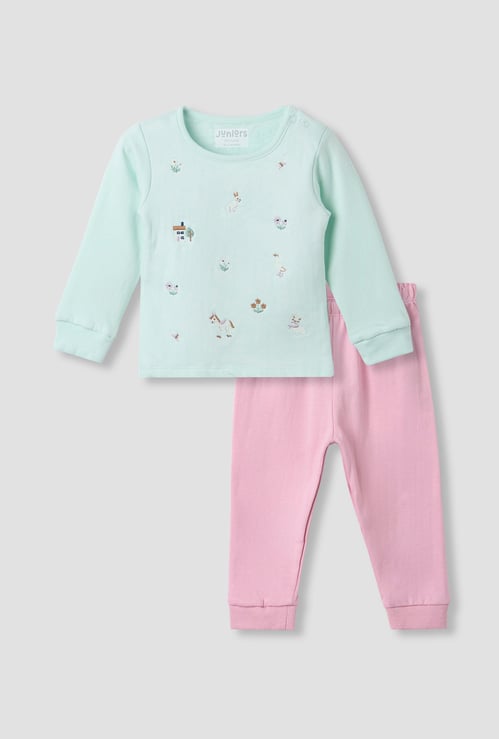 Juniors Embroidered Long Sleeves T-shirt and Pyjama Set