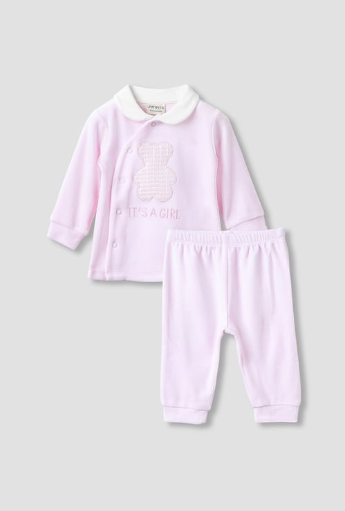 Juniors Bear Applique Collared T-shirt and Pyjama Set