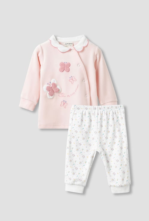 Juniors Butterfly Applique Collared T-shirt and Pyjama Set