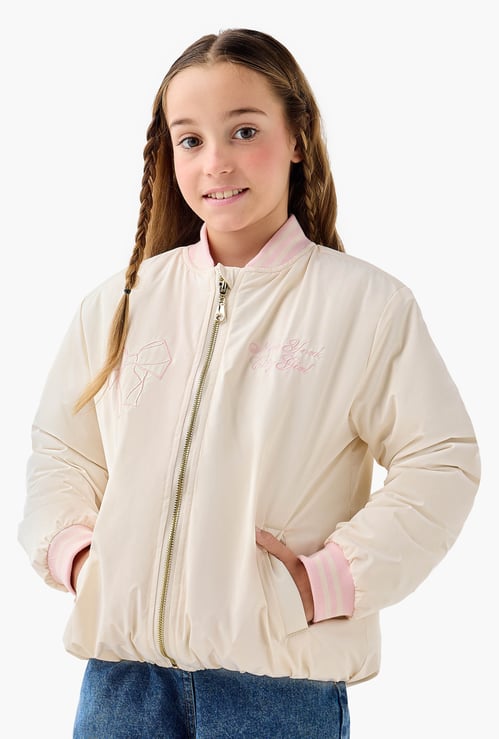 Juniors Embroidered Bomber Jacket with Zip Closure