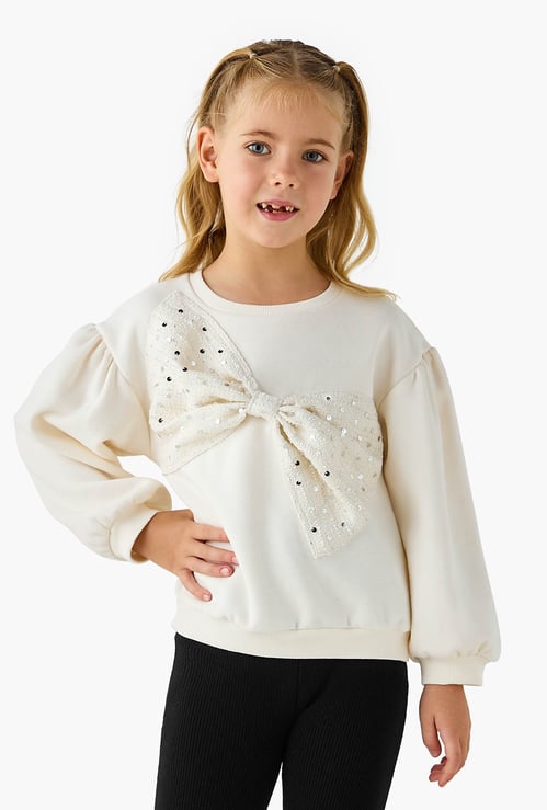 Juniors Embellished Bow Accent Sweatshirt with Long Sleeves