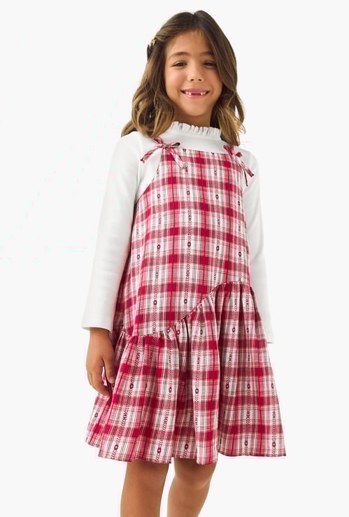 Juniors Piecrust Neck Top with Pinafore Dress