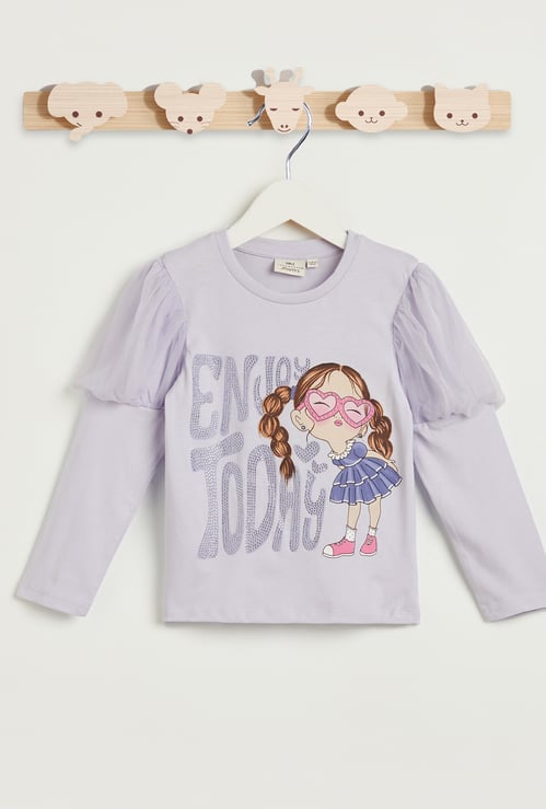 Juniors Graphic Print T-shirt with Puff Detail Long Sleeves