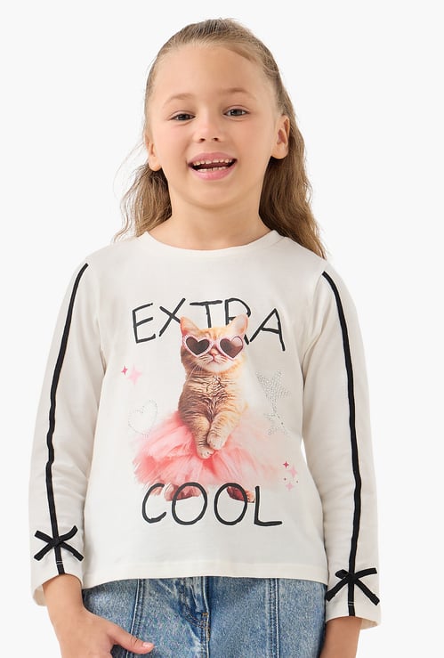 Juniors Cat Print Top with Bow Accents