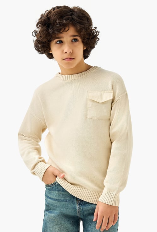 Juniors Textured Crew Neck Pullover with Long Sleeves