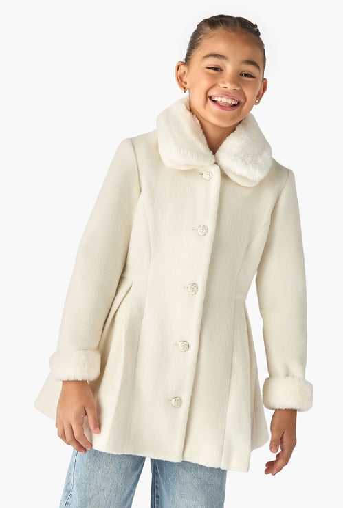 Juniors Solid Faux Fur Collared Coat