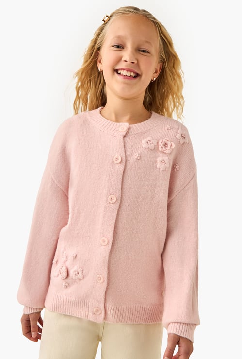 Juniors Floral Applique Neck Cardigan with Long Sleeves