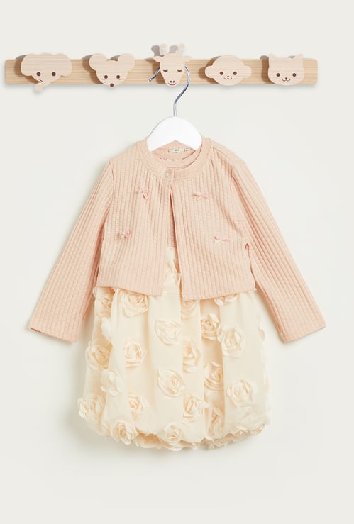 Juniors Floral Applique Dress with Cardigan