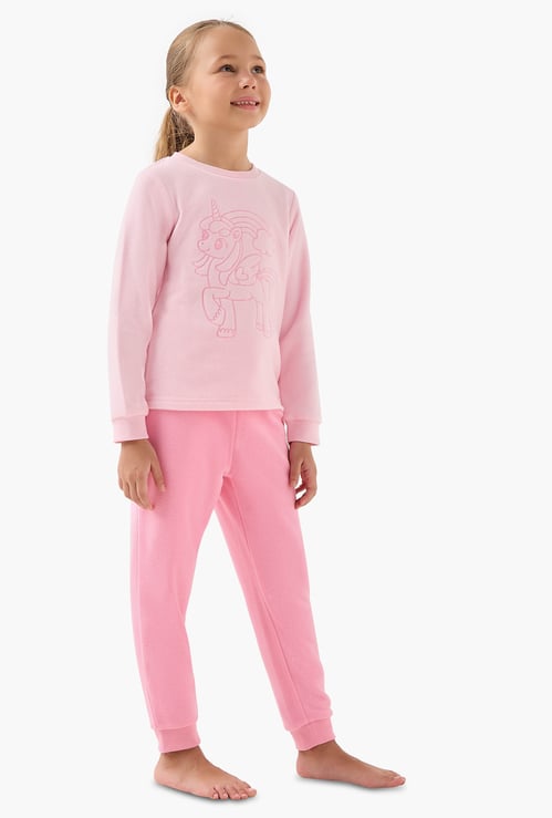 Juniors Unicorn Embroidered Fleece T-shirt and Pyjama Set