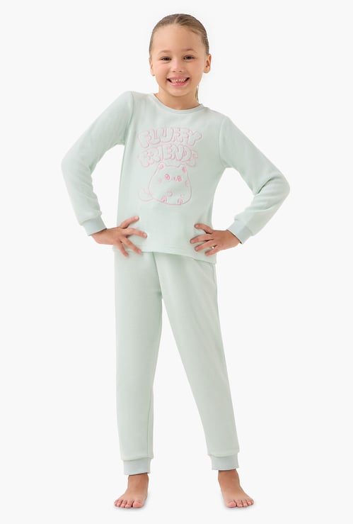 Juniors Cat Embroidered Fleece T-shirt and Pyjama Set
