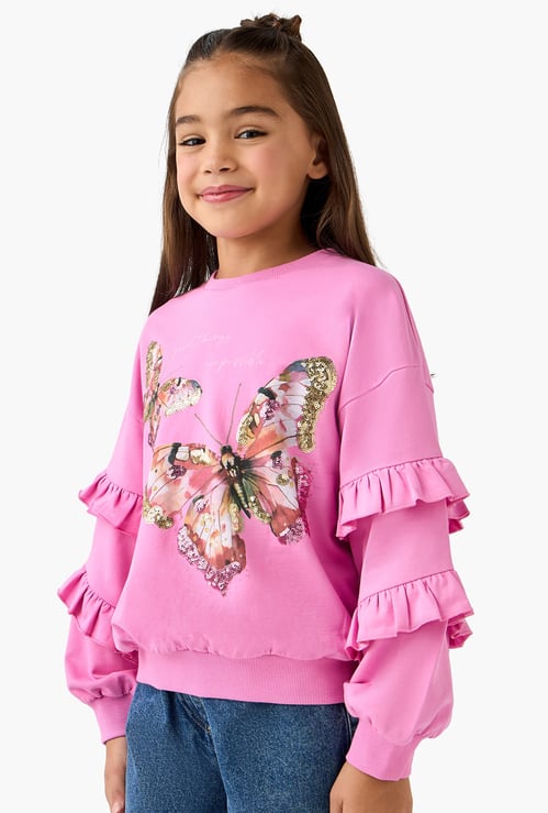 Juniors Butterfly Print Sweatshirt with Long Sleeves