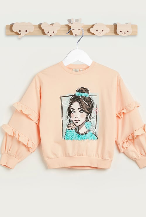 Juniors Graphic Print Sweatshirt with Ruffle Sleeves