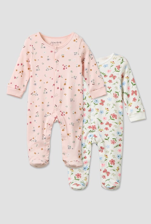 Juniors Floral Print Sleepsuit with Button Closure - Set of 2