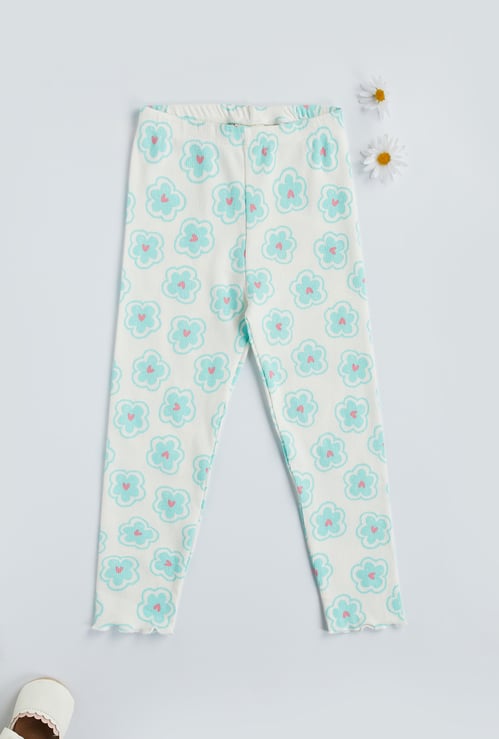 Juniors Floral Print Ribbed Leggings with Elasticated Waistband