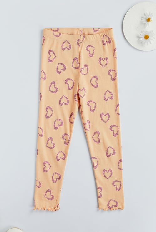 Juniors Heart Print Ribbed Leggings with Elasticated Waistband