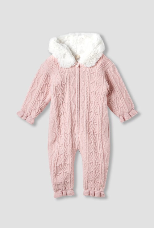 Giggles Textured Hooded Romper with Long Sleeves