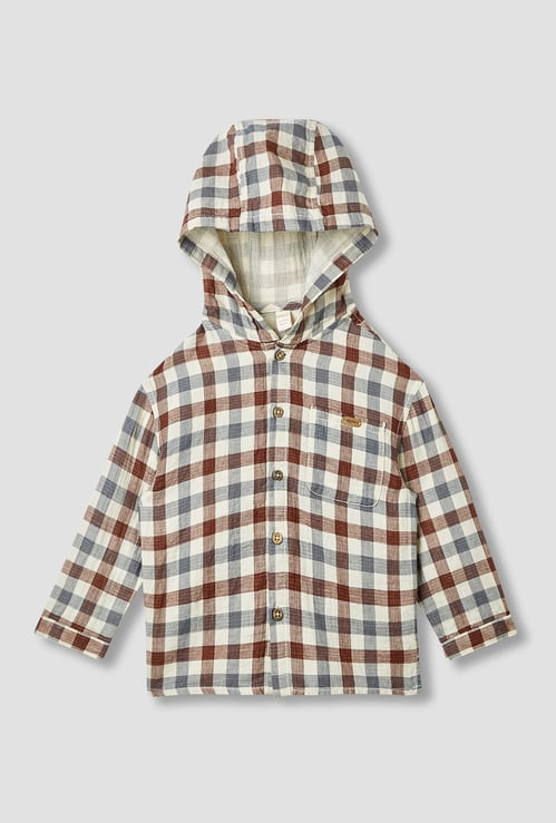 Giggles Checked Hooded Shirt with Long Sleeves
