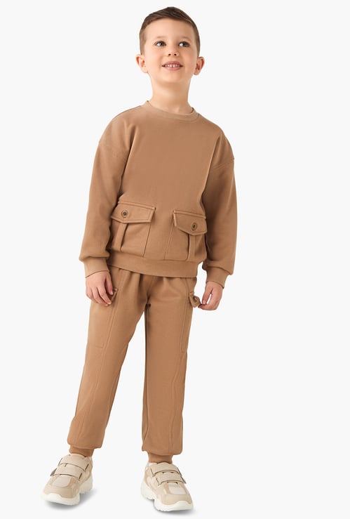 Juniors Solid Sweatshirt and Joggers Set with Flap Pockets