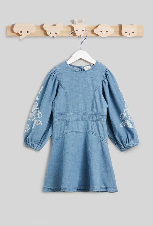 Juniors Embroidered A-line Denim Dress