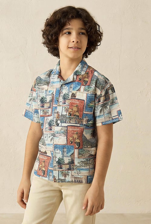 Juniors Printed Cuban Collar Shirt