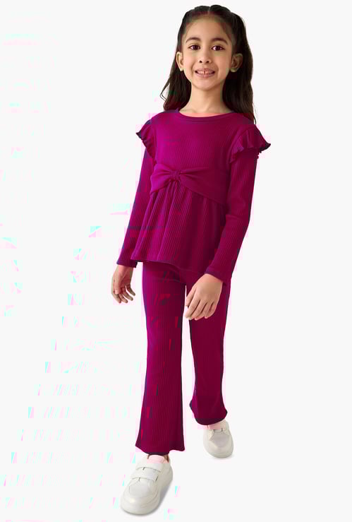 Juniors Ribbed Texture Top and Flared Pants Set
