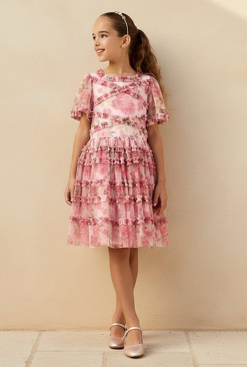 Juniors Floral Print Tiered Dress with Ruffle Detail