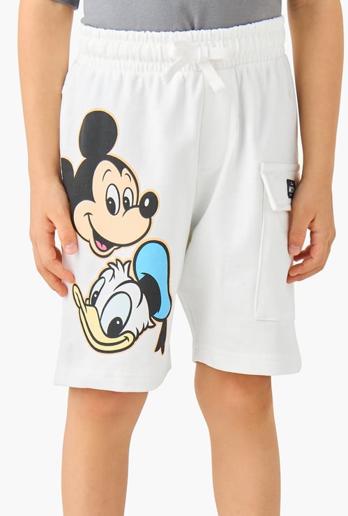 Mickey Mouse and Donald Duck Print Shorts with Cargo Pocket