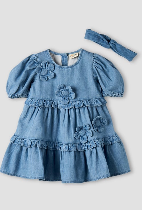 Juniors Floral Applique Denim Dress with Headband