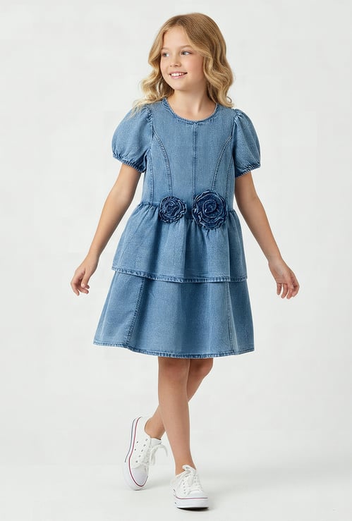 Juniors Floral Applique Denim Dress