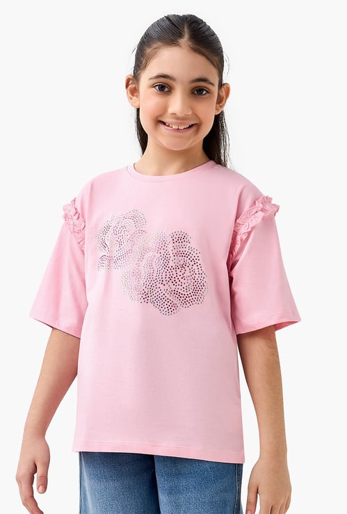 Juniors Floral Embellished T-shirt
