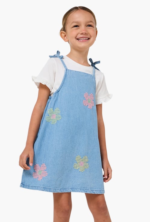 Juniors Embroidered Pinafore Dress with T-shirt