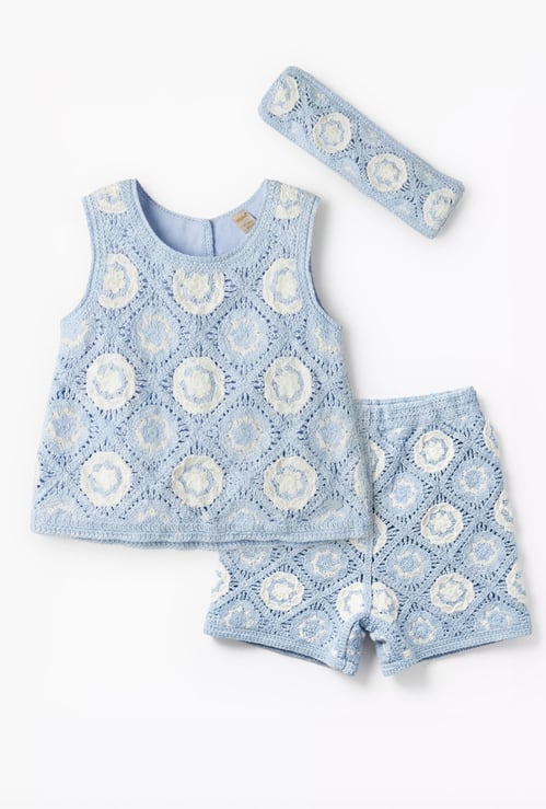 Juniors Crochet Top and Shorts Set with Hairband
