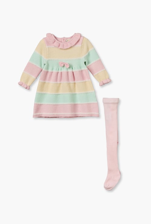 Juniors Striped A-line Dress with Tights