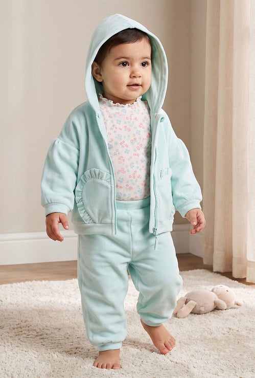 Juniors Heart Applique Hooded Jacket and Joggers Set with T-shirt