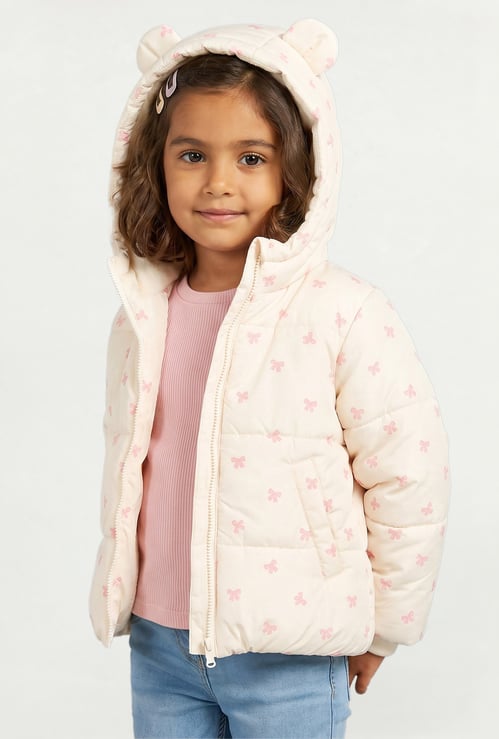 Juniors Bow Print Hooded Puffer Jacket