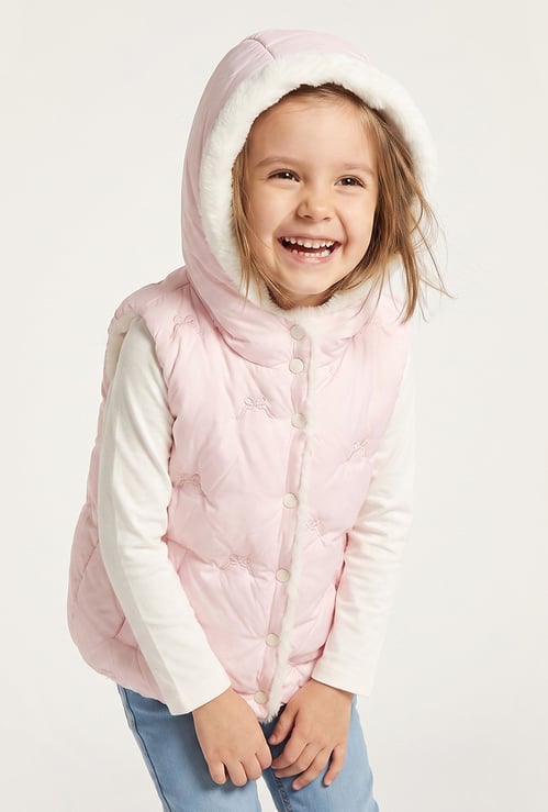 Juniors Faux Fur Trim Quilted Hooded Gilet