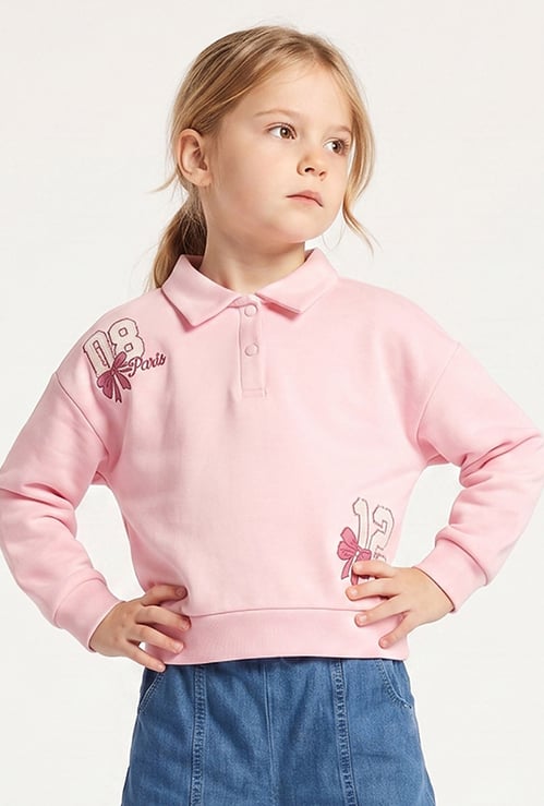 Juniors Graphic Print Polo Sweatshirt