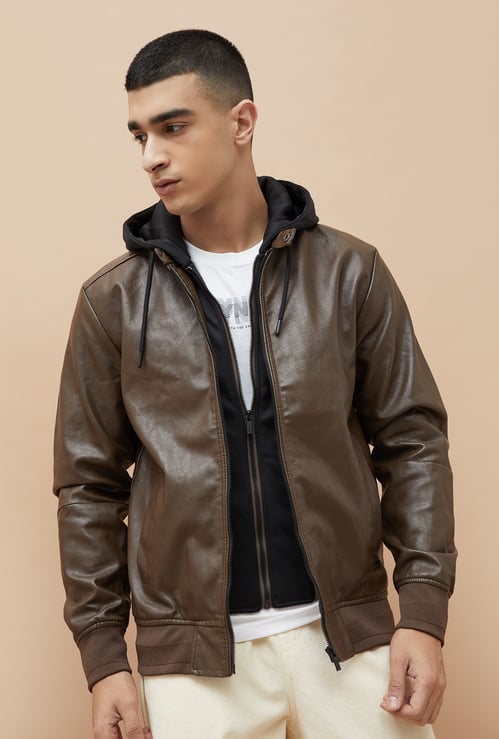 BOSSINI Textured Hooded Biker Jacket