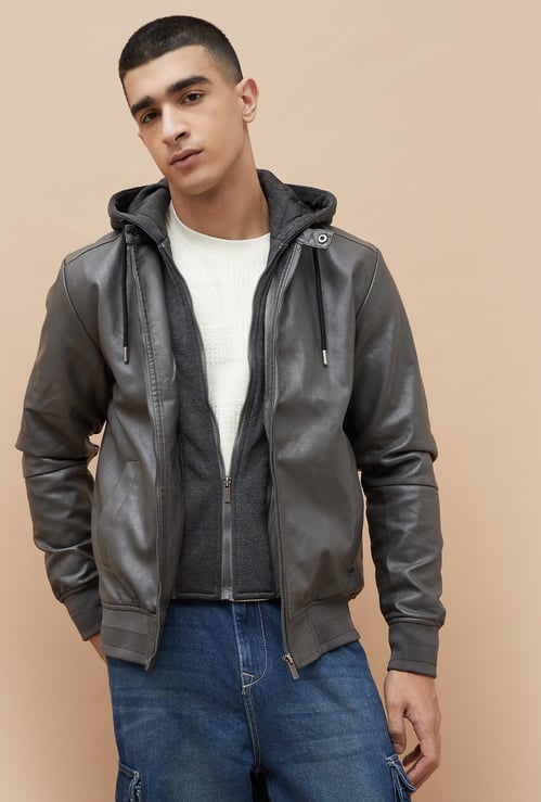 BOSSINI Textured Hooded Biker Jacket