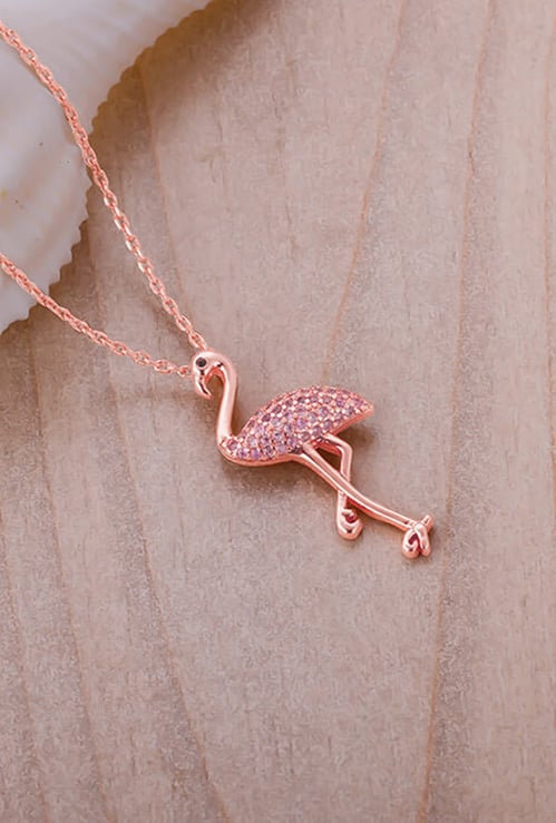 GIVA Sterling Silver Zircon Flamingo Pendant with Link Chain