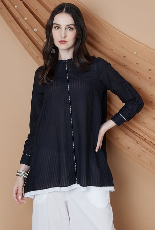 MELANGE Striped Band Collar Tunic