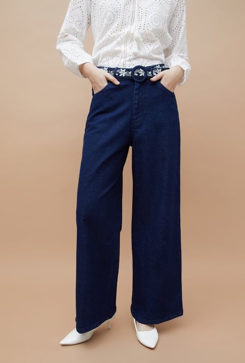 COLOUR ME Embroidered High-Rise Wide-Leg Jeans