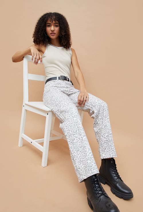 GINGER Animal Print High Waist Straight Fit Jeans