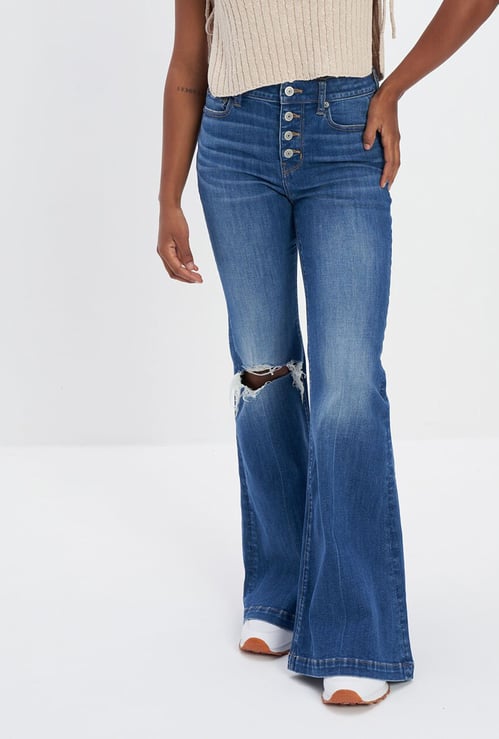 AMERICAN EAGLE Stonewashed Distressed Flared Jeans