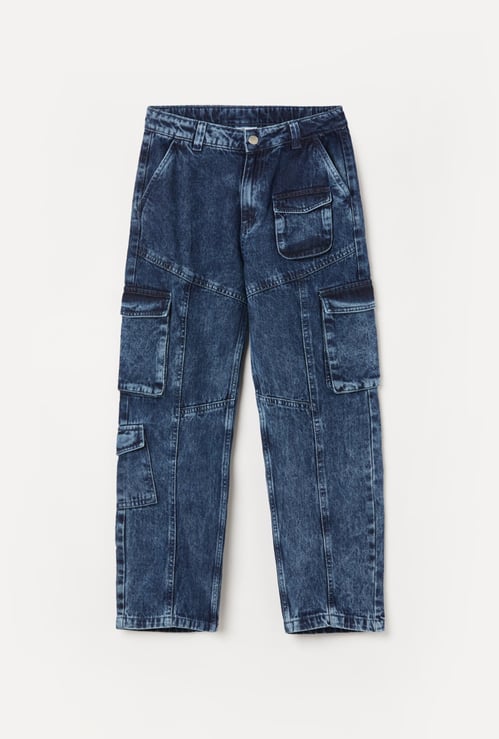 FAME FOREVER Boys Darkwashed Cargo Jeans