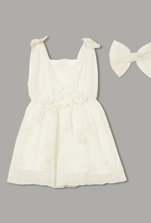 PEPPERMINT Girls Embroidered A-line Dress with Bow Hair Clip