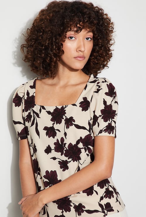CODE Floral Print Puffed Sleeve Top