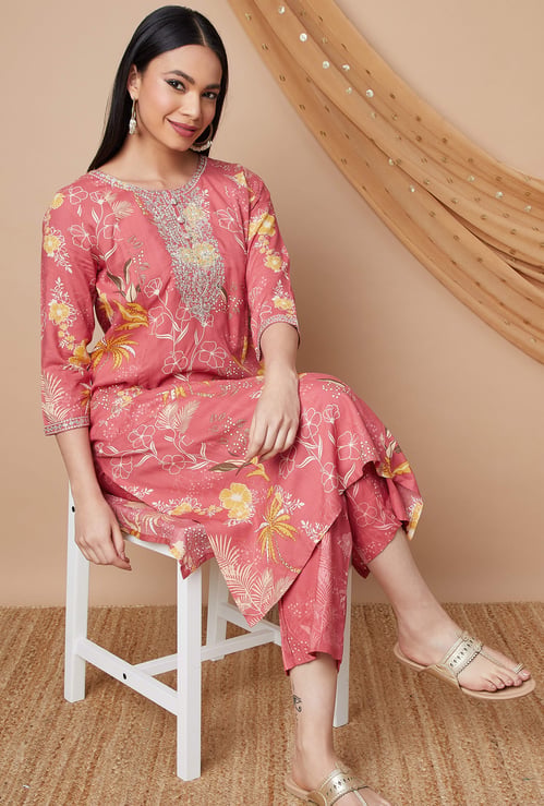 MELANGE Floral Print Straight Kurta Set