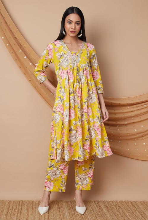 MELANGE Floral Print A-line Kurta Set