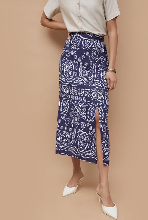 FAME FOREVER Floral Print Midi Slit Skirt